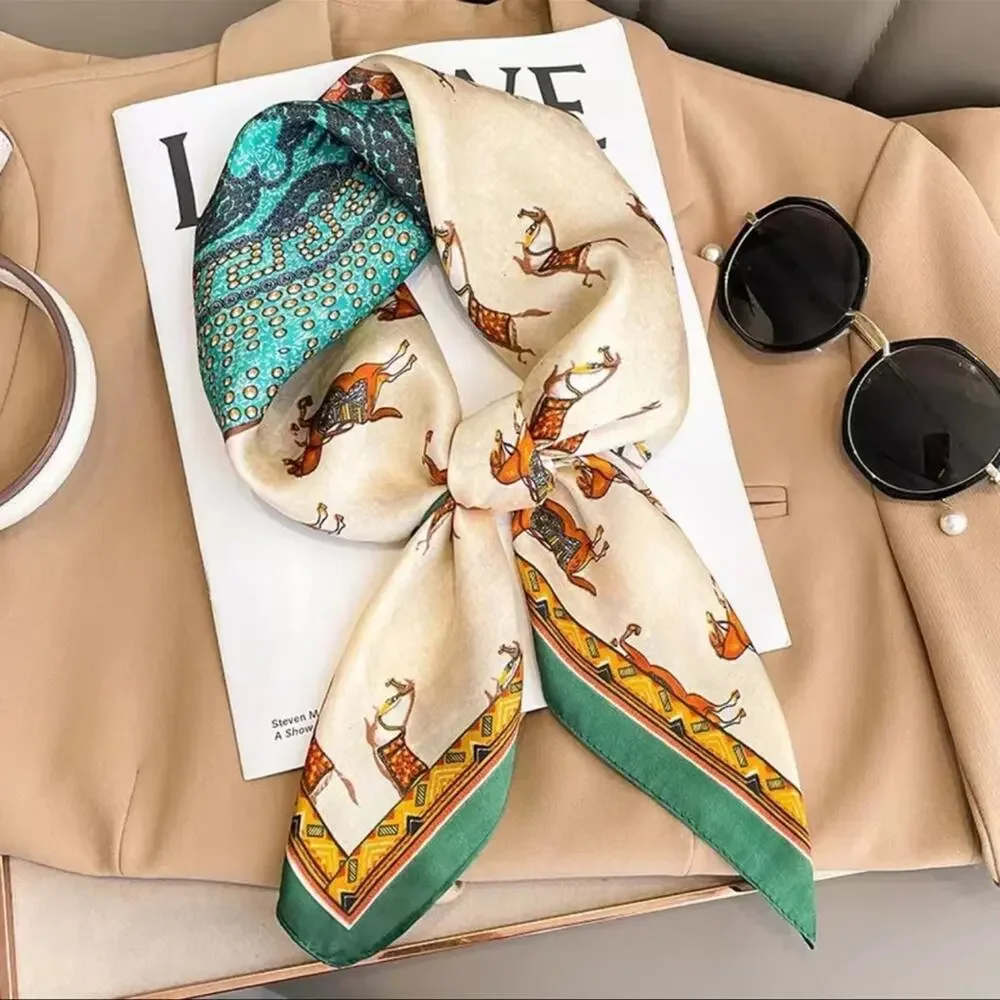 Equestrian Horse Print Silk Scarf in Teal & Cream